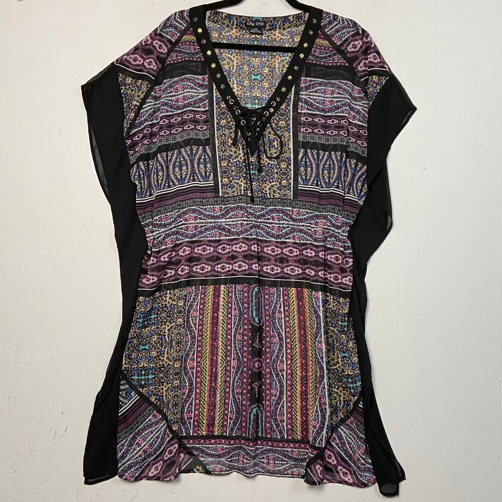 City Chic Women's Black Boho V-neck Lightweight Beach Swim Cover Up Size 16